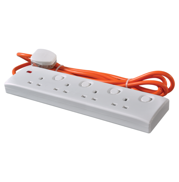 Orange 13A Trailing Socket with 4 Outlets