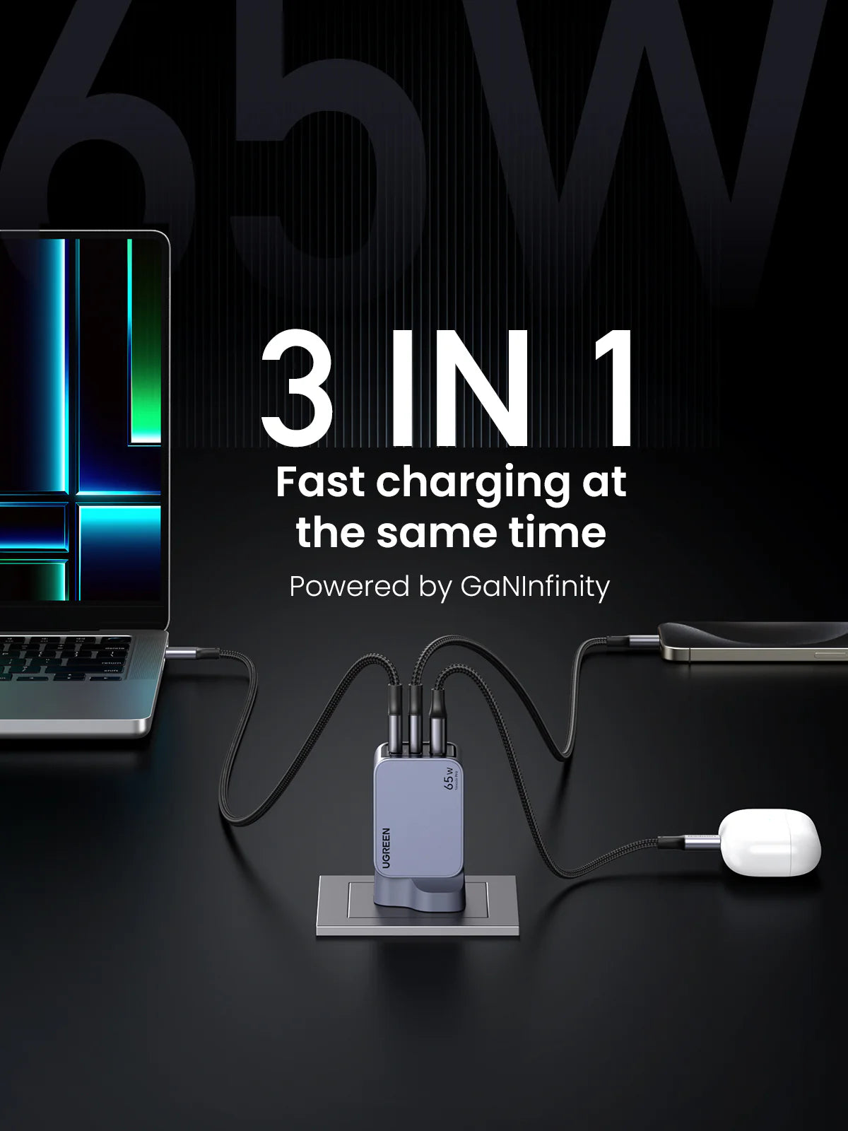 UGREEN Nexode Pro 65W 3 Port GaN Fast Charger, UK Plug + 100W Type C to Type C Cable