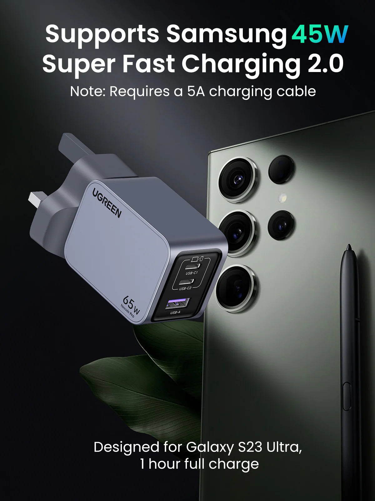 UGREEN Nexode Pro 65W 3 Port GaN Fast Charger, UK Plug + 100W Type C to Type C Cable