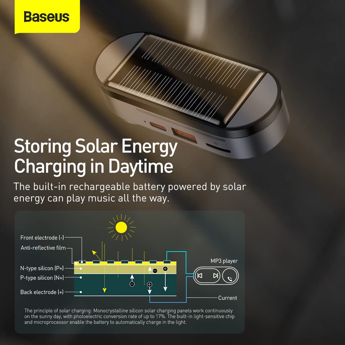 Baseus Solar Car Wireless MP3 Player, Bluetooth + FM + Solar Charging