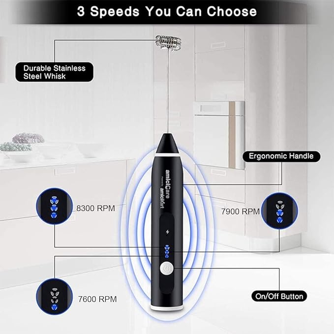 USB Rechargeable Handheld Milk Frother, 3-Speed Foam Maker with Egg Beater Attachment
