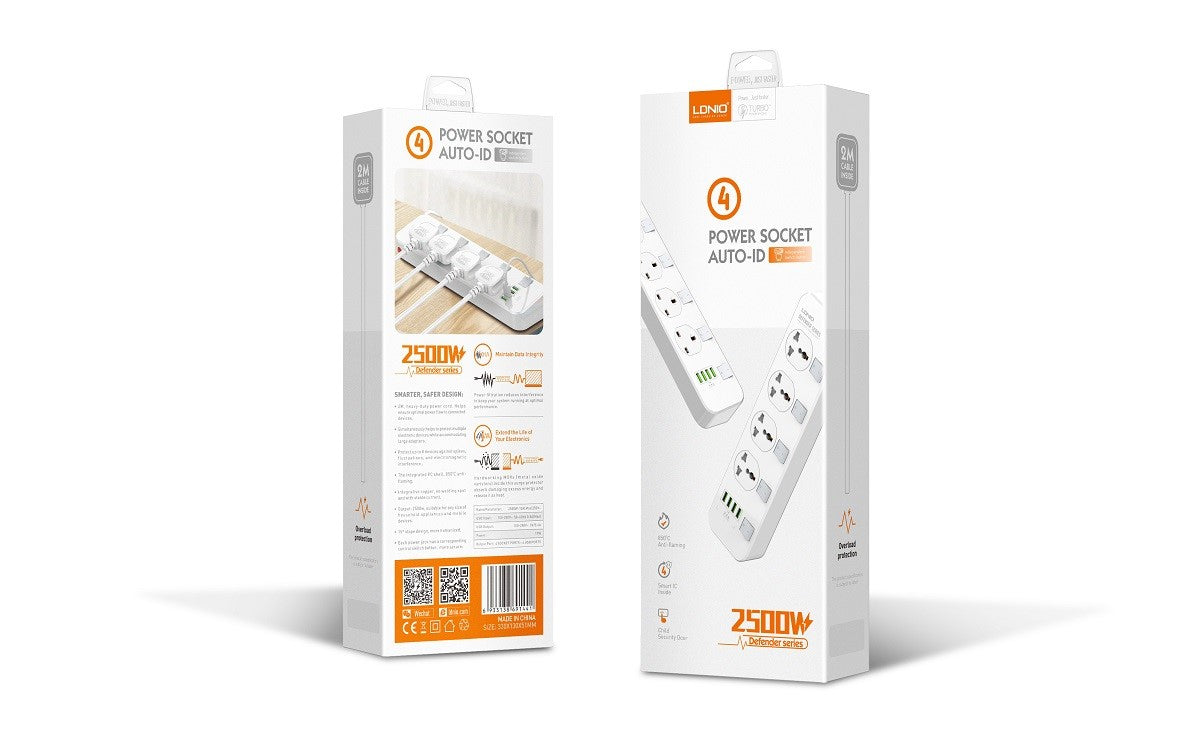 LDNIO SC4408C Power Strip, 4 Sockets + 4 USB Ports, 2500W, 2 Meters