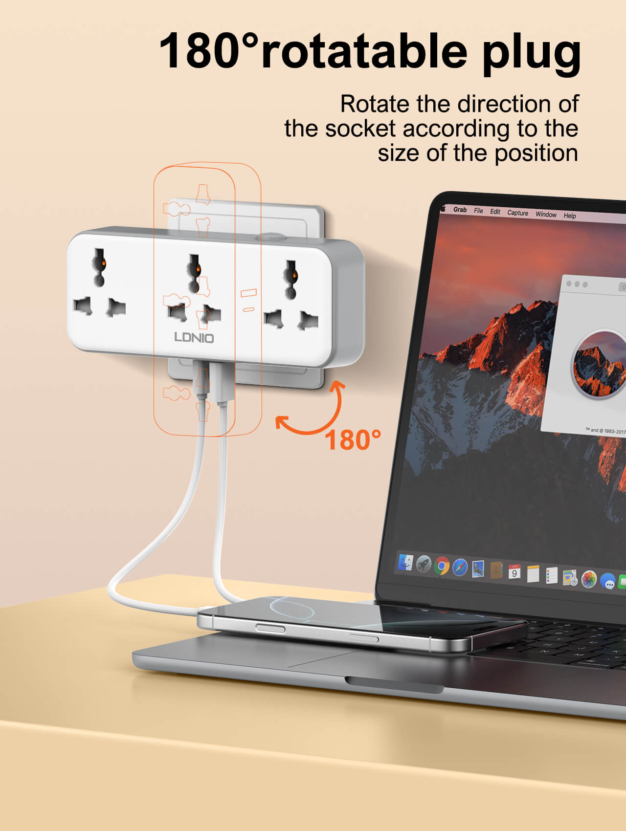 LDNIO SC3317 2500W Universal Rotatable Extension With 3 Power Sockets with USB