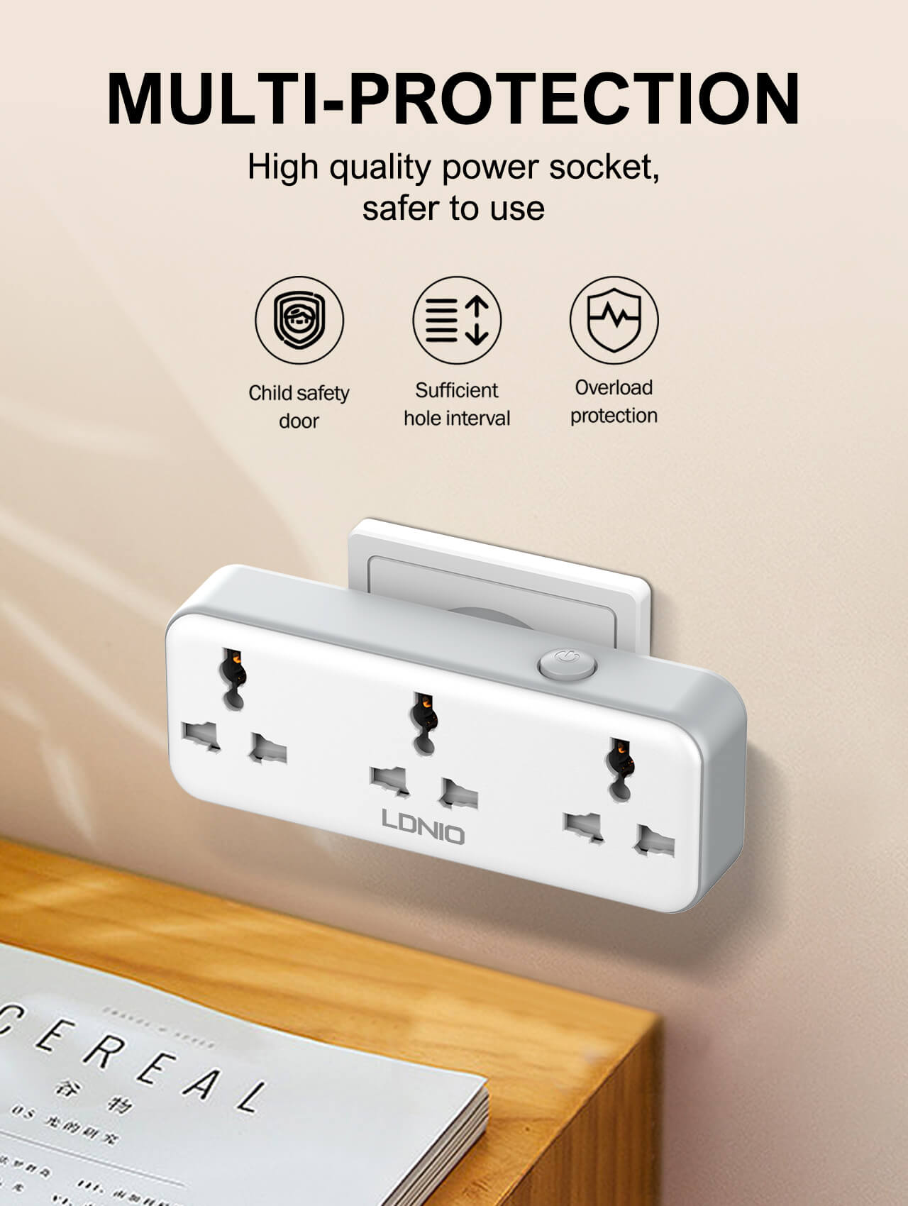 LDNIO SC3317 2500W Universal Rotatable Extension With 3 Power Sockets with USB