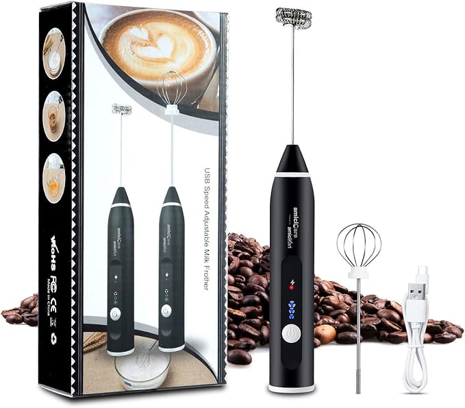 USB Rechargeable Handheld Milk Frother, 3-Speed Foam Maker with Egg Beater Attachment