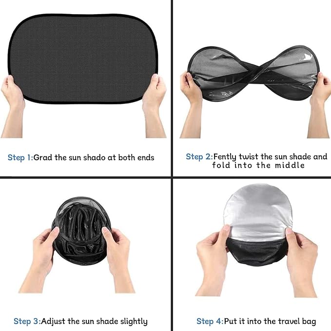 Instructions on how to fold and store a car sunshade.