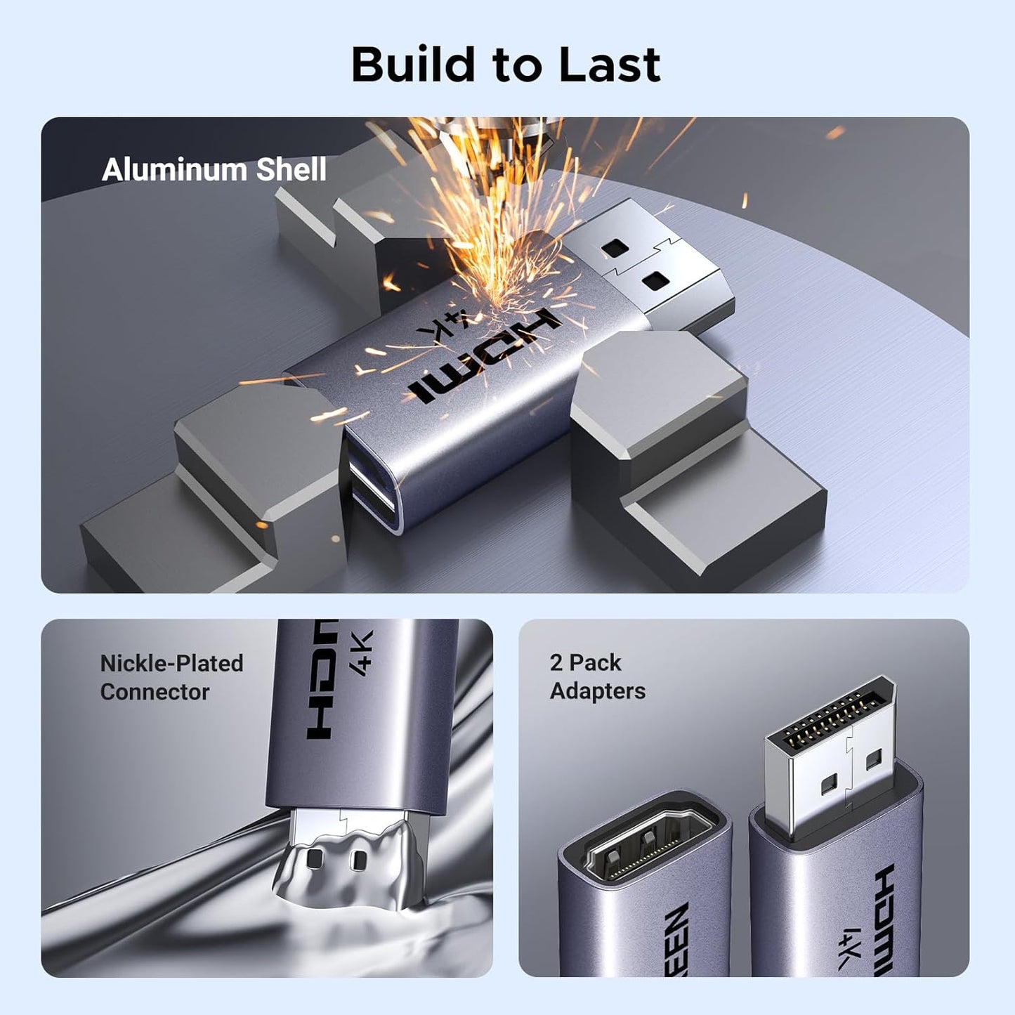 UGREEN 55935 4K DisplayPort to HDMI Adapter, 2 Pieces, Unidirectional, Aluminum Build
