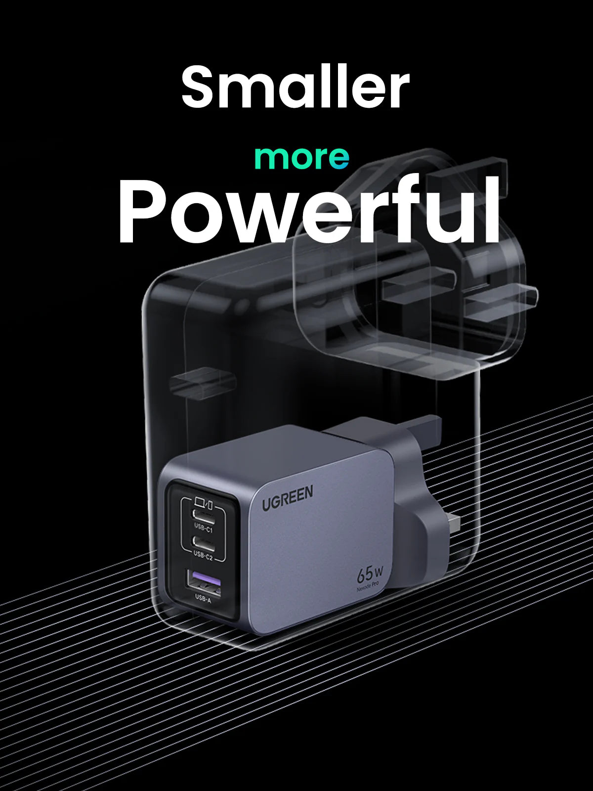 UGREEN Nexode Pro 65W 3 Port GaN Fast Charger, UK Plug + 100W Type C to Type C Cable