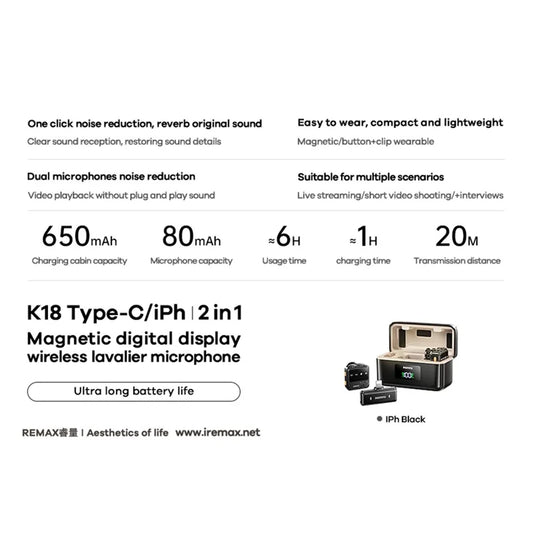 Product details of a remax wireless lavalier microphone with features and specifications on a white background.