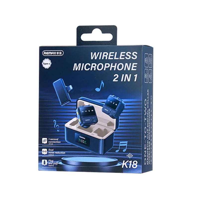 Box of Remax K18 wireless microphone on a white background