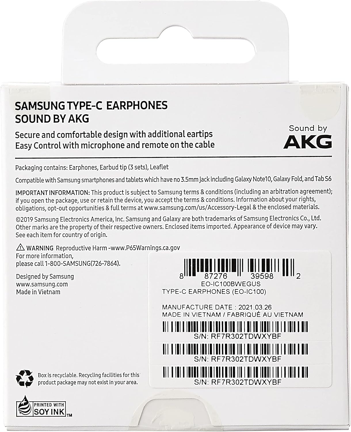 Samsung EO-IC100 Type-C Earphones -White, AKG-Tuned Sound, Global Version
