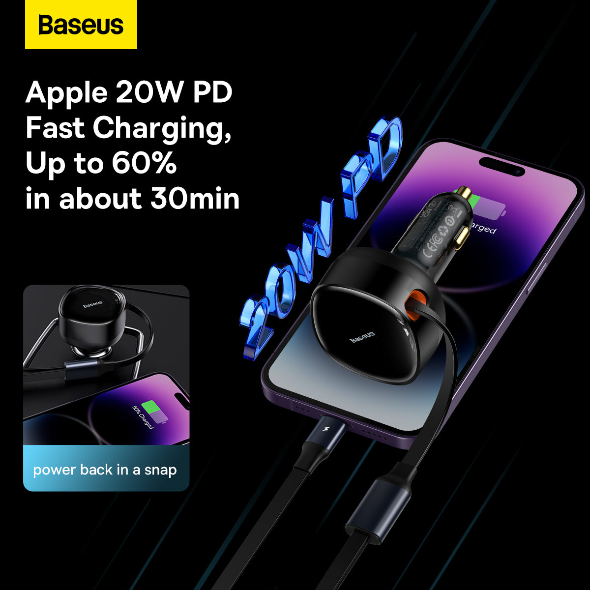 Baseus Enjoyment Retractable 2-in-1 Car Charger, C+L 30W