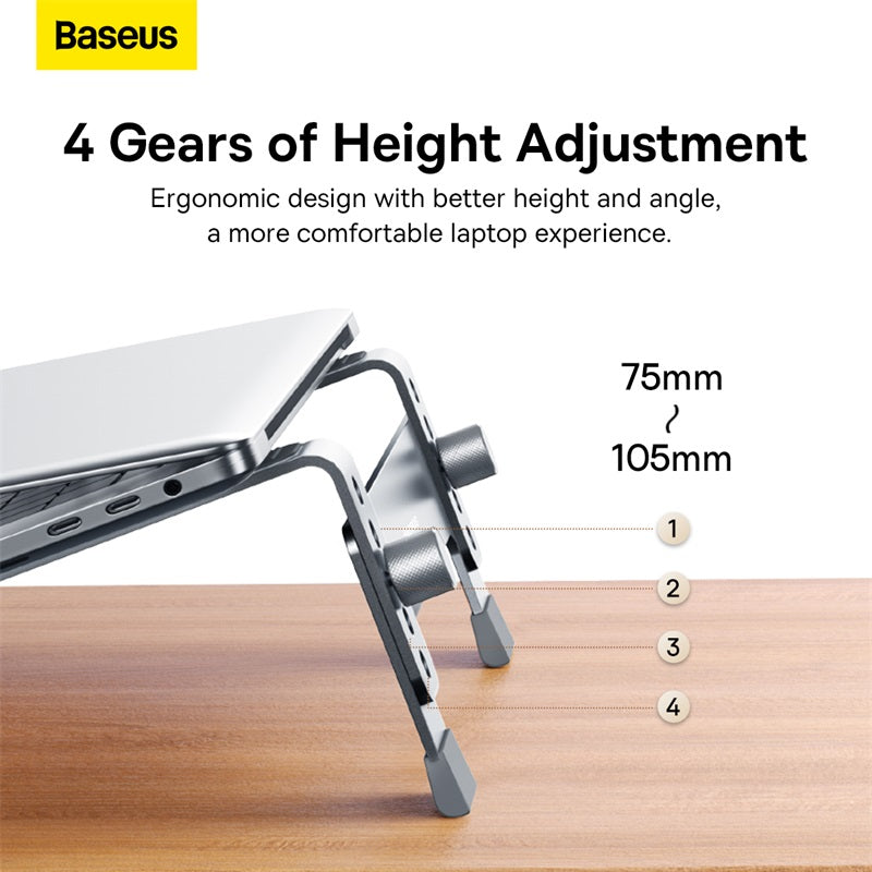 Baseus laptop stand with height adjustment gears on a wooden surface, featuring the Baseus logo.