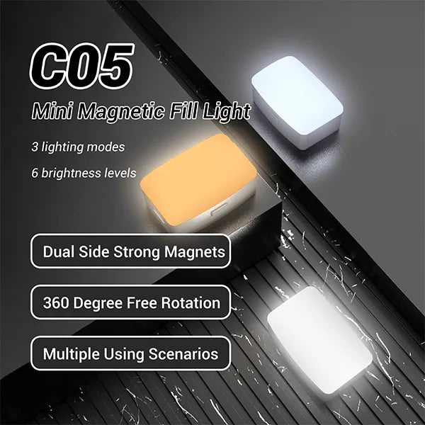 C05 Mini LED Magnetic Selfie Light, 3 Modes, USB Rechargeable Clip-On Light