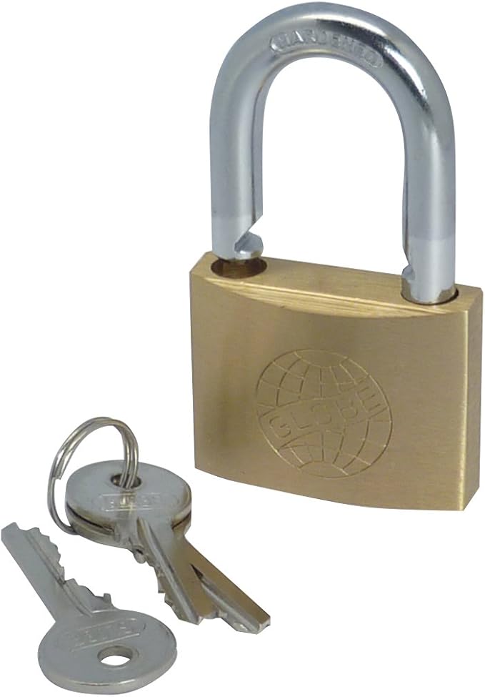 Brass padlock with two keys on a white background