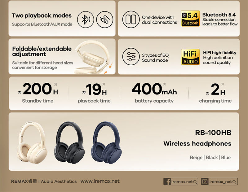 Remax RB-100HB Wireless Bluetooth Headphones, Premium Sound, Stylish Comfort