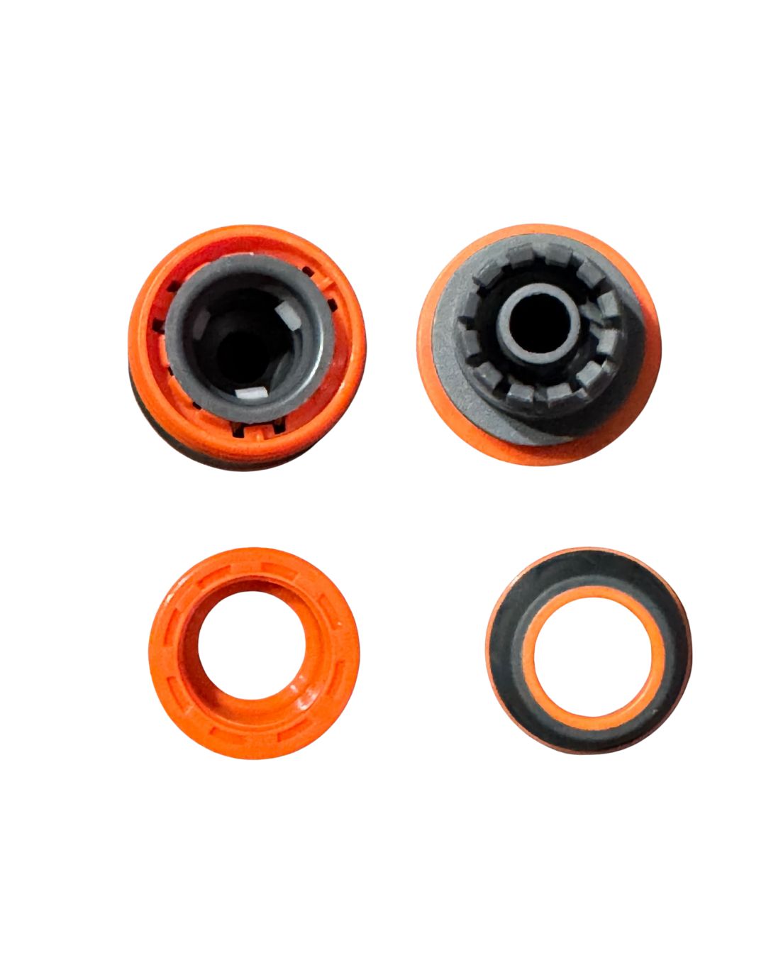 Four mechanical bearings with orange and black colors on a white background