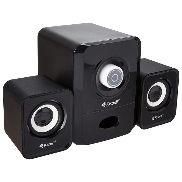 Black Kisonli computer speakers on a white background