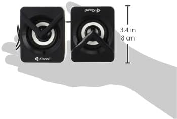 Black computer speakers with brand name on a white background