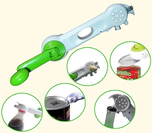 Multifunctional kitchen tool with green and blue design on a beige background