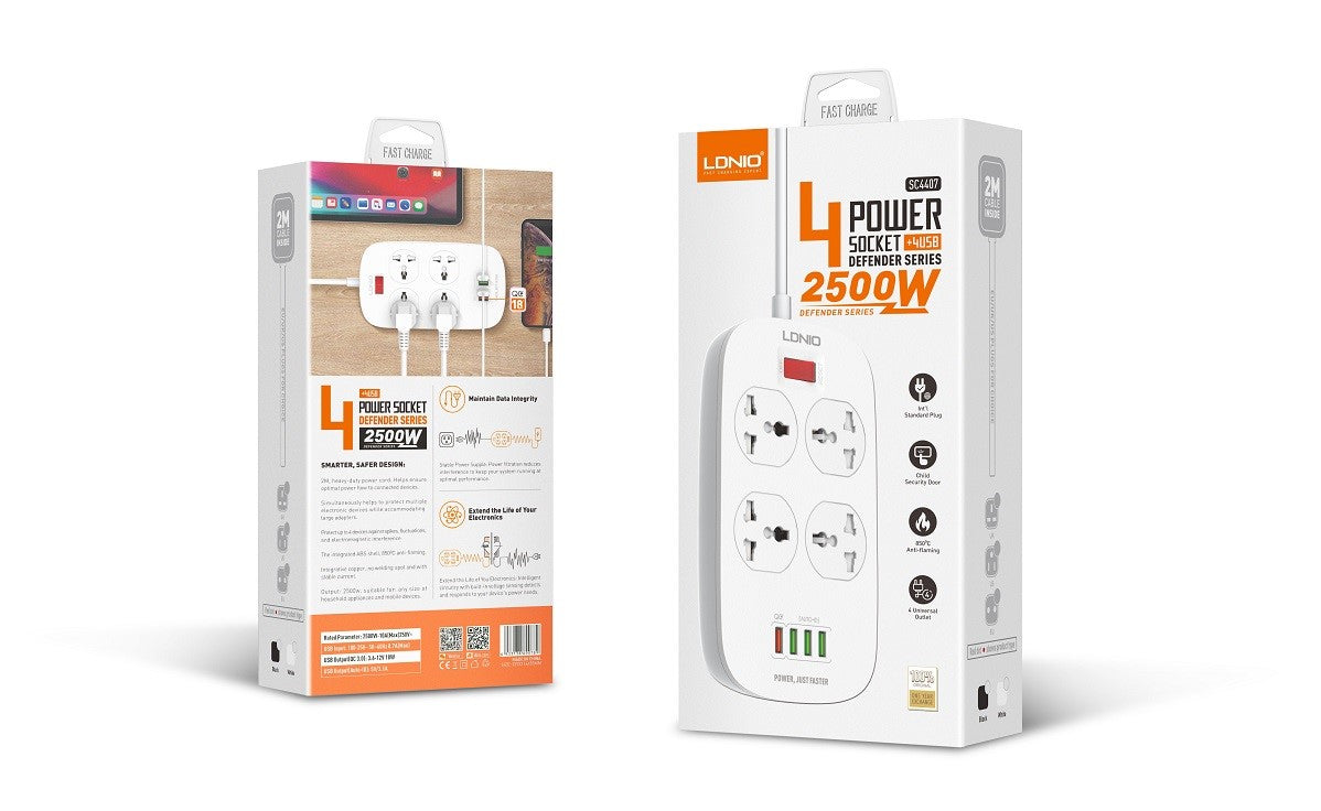 Two power strip packaging boxes on a white background