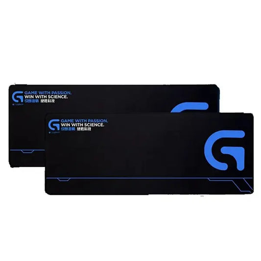 Two black gaming mouse pads with blue logos on a white background