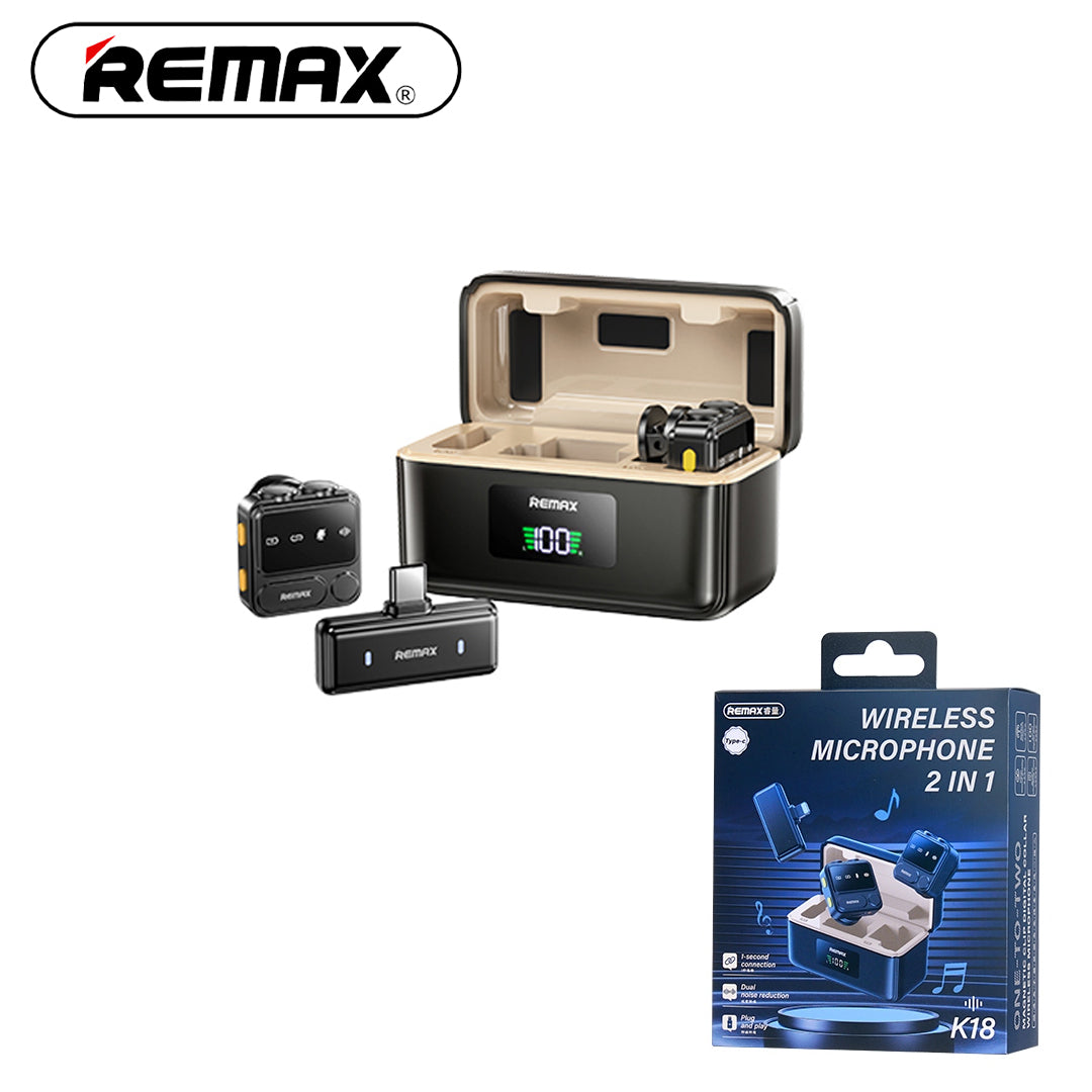Remax wireless microphone set with packaging on a white background