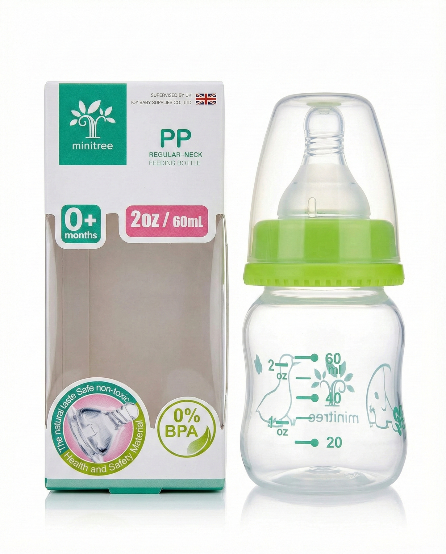 Baby bottle with green cap and packaging displaying 'minitree' brand on a white background