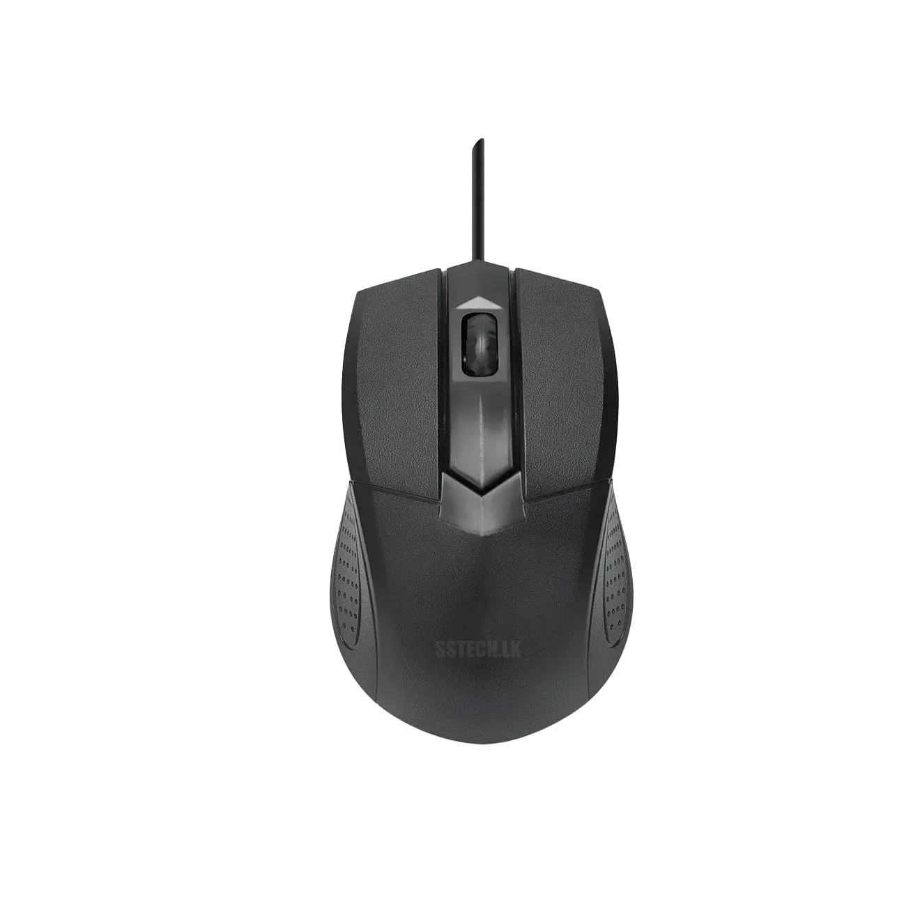 Black computer mouse with a visible brand logo on a white background