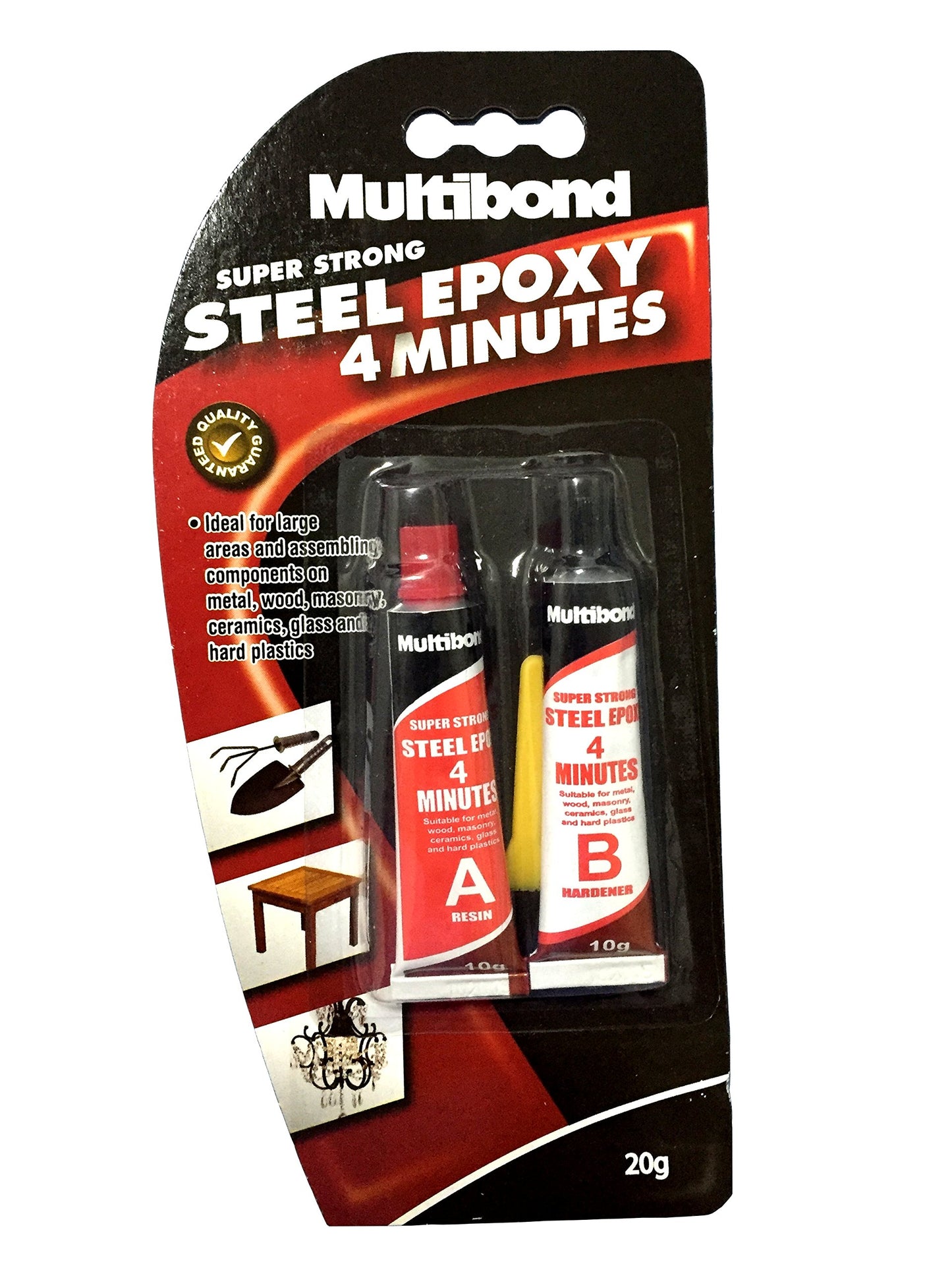 Multibond super strong steel epoxy packaging with two bottles on a white background