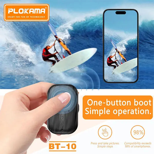 Surfer on a wave with a phone showing the same scene, hand holding a device labeled BT-10, and Plokama branding.