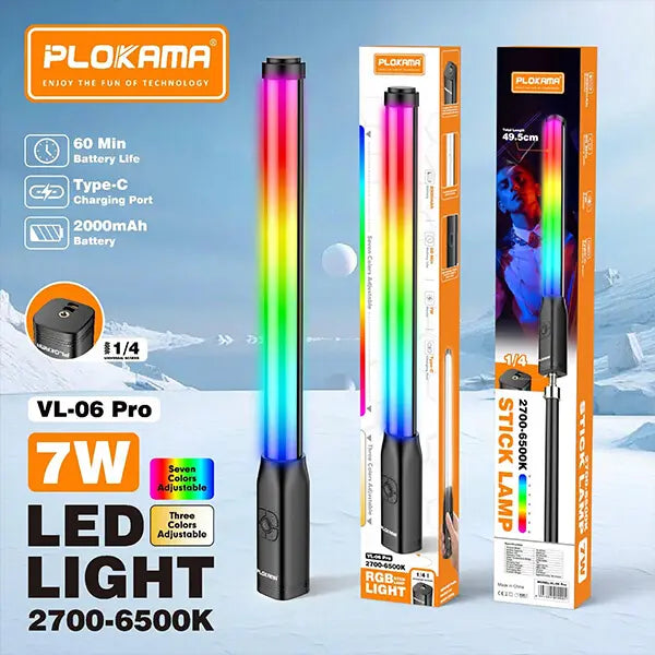 Plokama VL-06 Pro RGB Light Stick with Full RGB Spectrum. Adjustable White Light. Portable Power