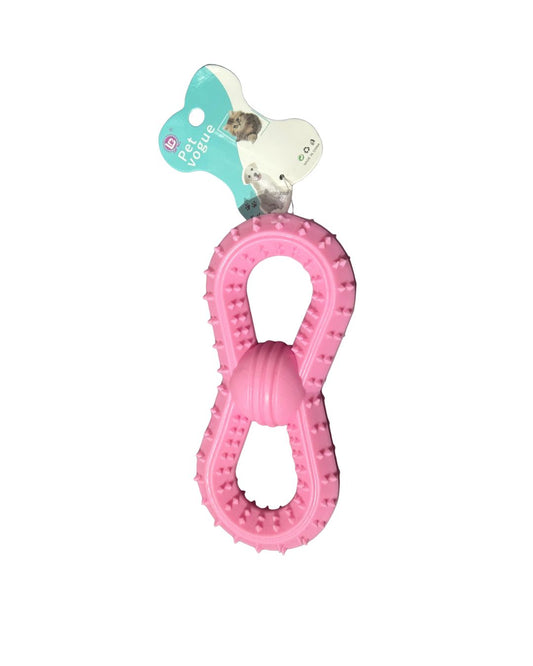 Pink dog toy with a 'Pet Life' tag on a white background