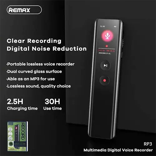 Remax RP3 digital voice recorder with charging time and use time details on a black background