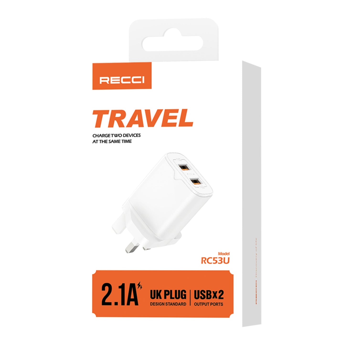 Recci travel charger with packaging on a white background