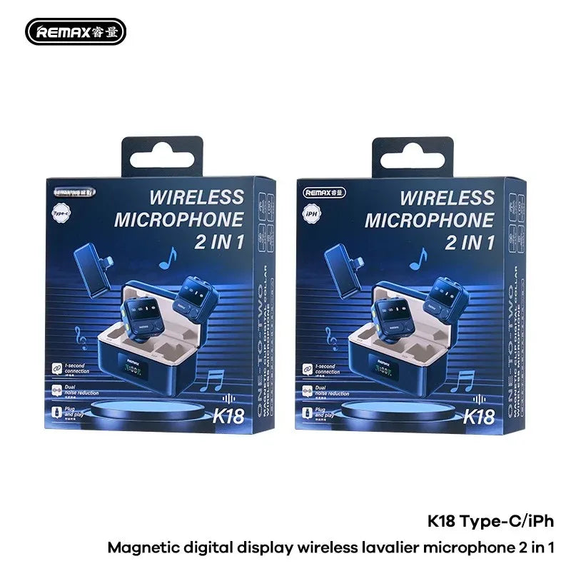 Two packages of Remax wireless microphone K18 on a white background