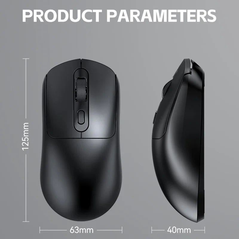 Black computer mouse with dimensions on a gray background