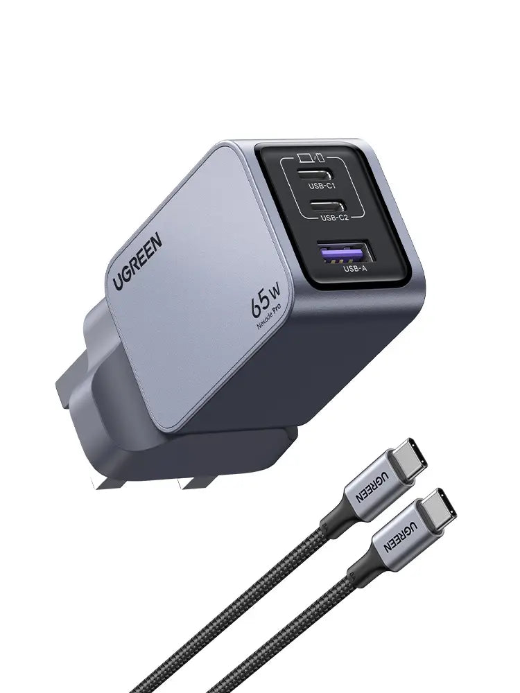 UGREEN Nexode Pro 65W 3 Port GaN Fast Charger, UK Plug + 100W Type C to Type C Cable