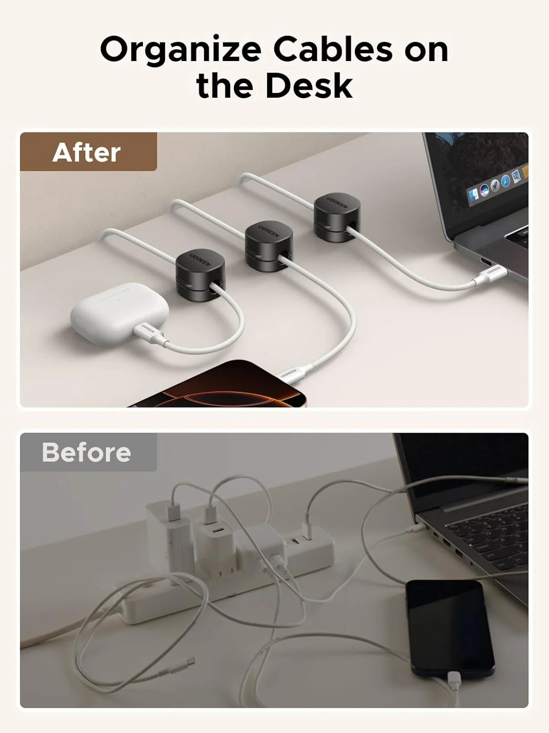 UGREEN 45797 Magnetic Cable and Table Organizer - 3 Pieces