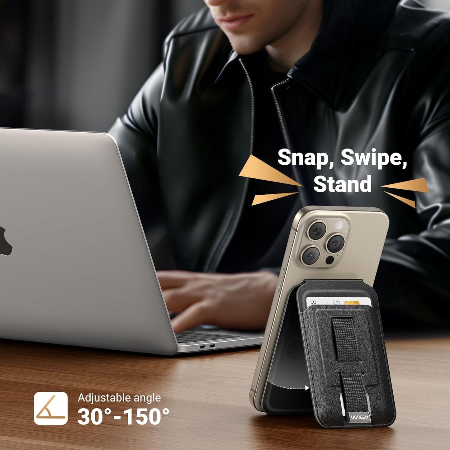 UGREEN 45166 Magnetic Wallet with Stand, MagSafe Card Holder and Kickstand for iPhone with Finger Loop Grip