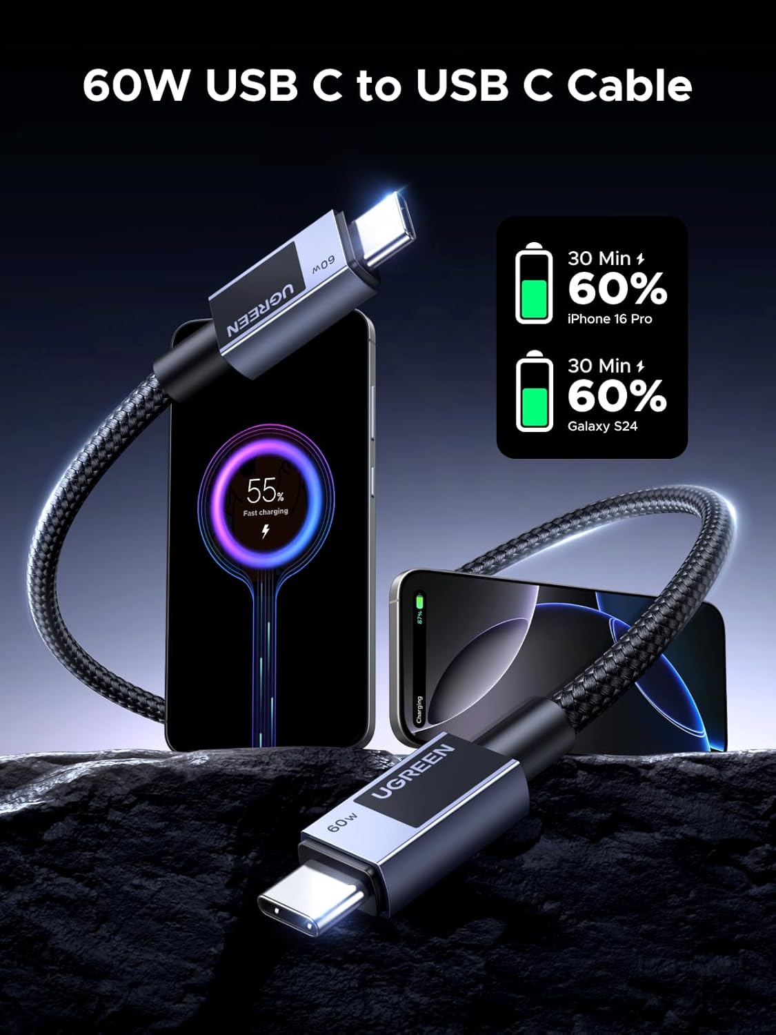 UGREEN 55765 60W Type-C to Type-C PD Fast Charging Data Cable -1M