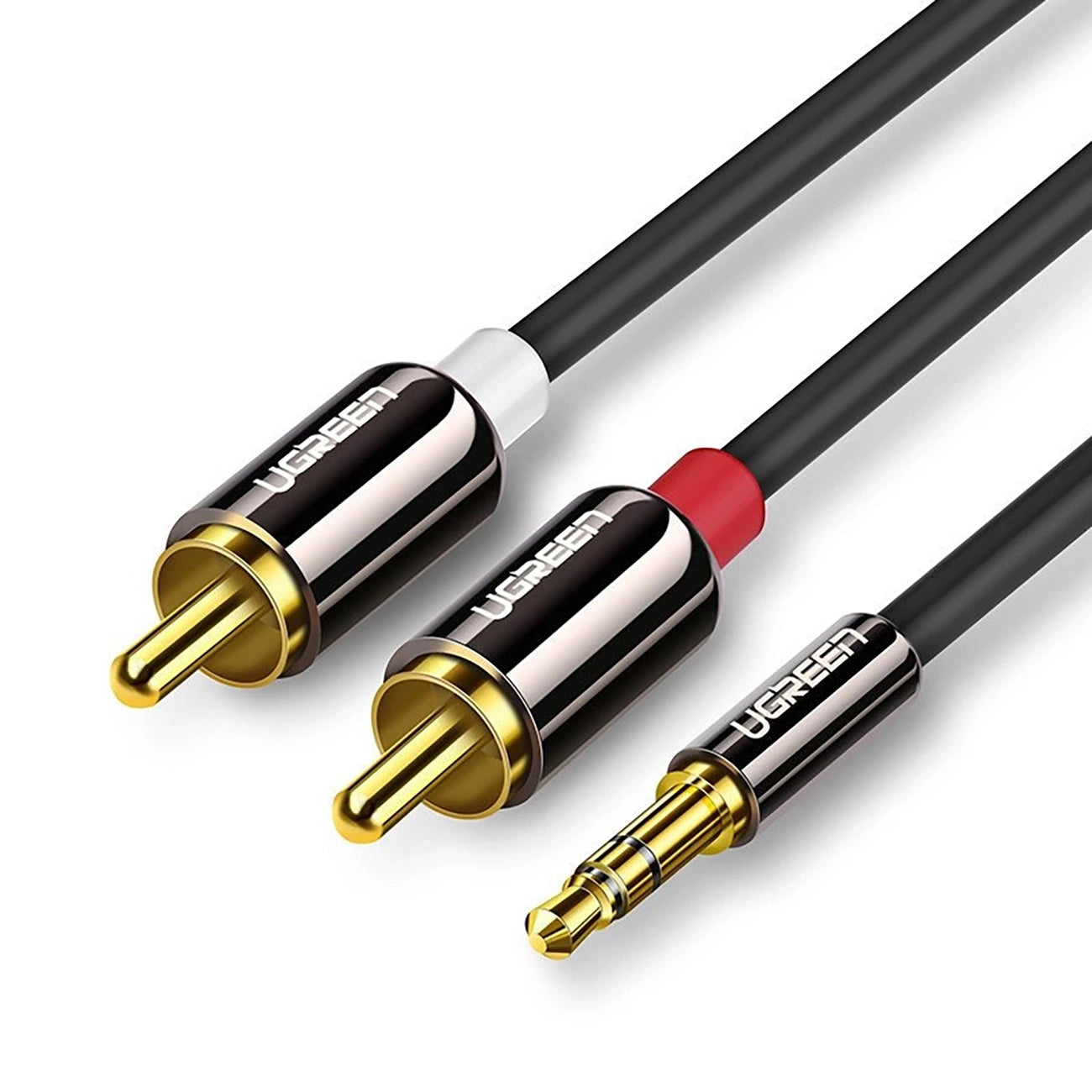 Two RCA cables and a 3.5mm audio cable with UGREEN branding on a white background.
