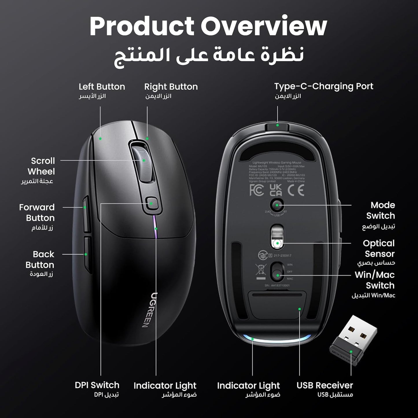 Ugreen 90539 Tri-Mode Gaming Mouse, 5000 DPI, RGB, Bluetooth, 2.4GHz
