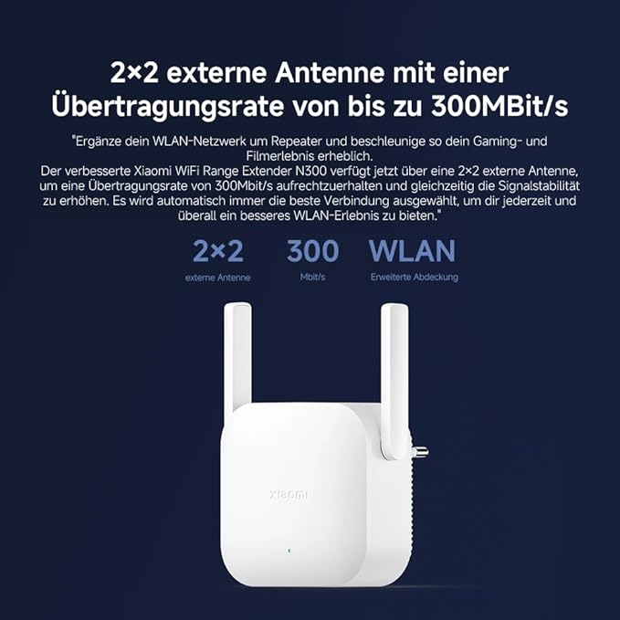 White Wi-Fi extender with text on a dark blue background