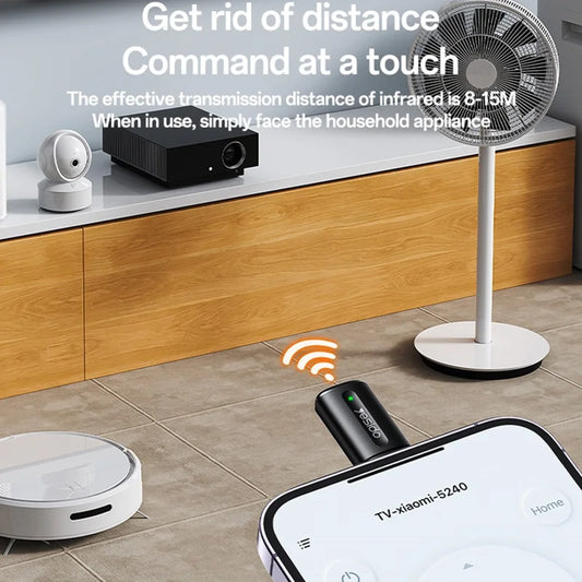 Smart home devices including a fan, robot vacuum, and smartphone with app interface on a tiled floor.