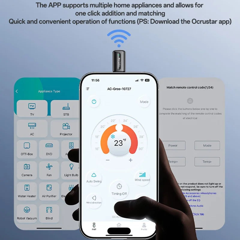 Smart home control app on a smartphone with a hand holding the phone, and a remote control in the background.