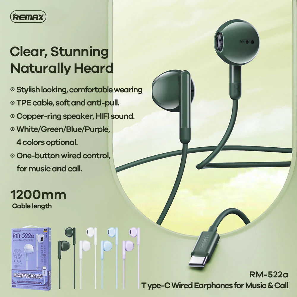 Remax RM-522A Type-C Wired Earphones with HD Sound