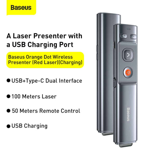 Baseus Orange Dot Rechargeable Wireless Presenter supporting USB and Type C