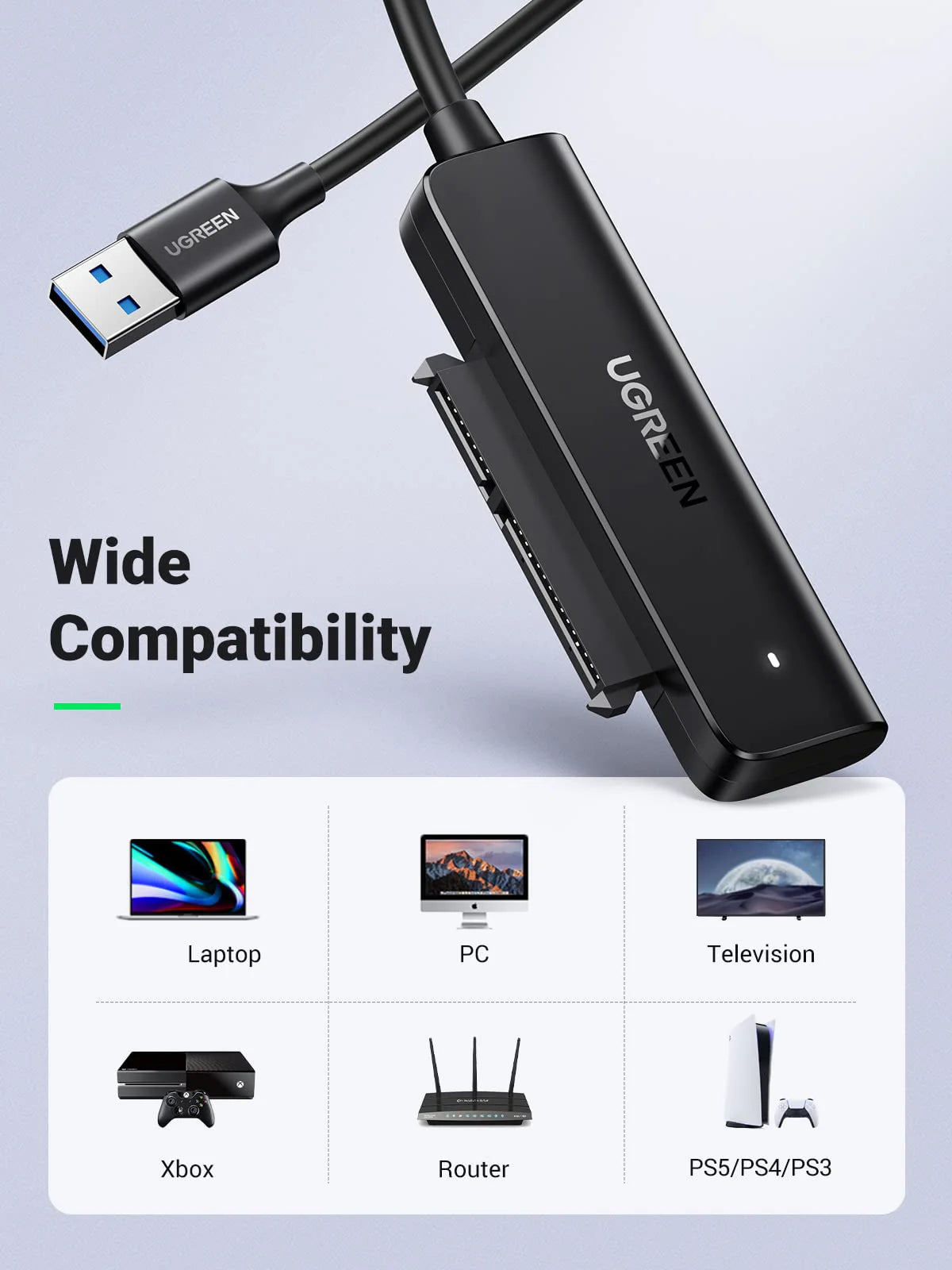 Ugreen 70609 USB 3.0 to SATA Adapter, 2.5" SSD/HDD Converter (50cm Cable)