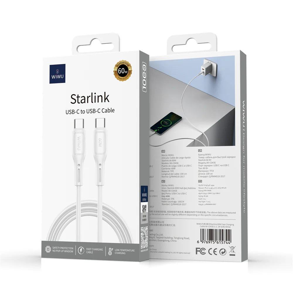 WiWU WI-C043E Starlink 60W Type-C to Type-C Cable – 1 Meter